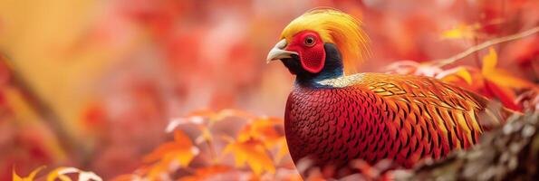 golden Pheasa. ein bunt Galliformes Vogel mit ein Gelb Kopf sich niederlassen auf ein Baum Ast foto