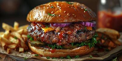 Nahansicht Schuss von ein Hamburger auf ein hölzern Schneiden Tafel foto