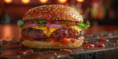 Nahansicht Schuss von ein Hamburger auf ein hölzern Schneiden Tafel foto