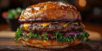 Nahansicht Schuss von ein Hamburger auf ein hölzern Schneiden Tafel foto