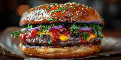 Nahansicht Schuss von ein Hamburger auf ein hölzern Schneiden Tafel foto