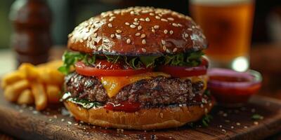 Nahansicht Schuss von ein Hamburger auf ein hölzern Schneiden Tafel foto