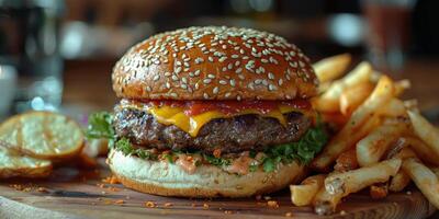 Nahansicht Schuss von ein Hamburger auf ein hölzern Schneiden Tafel foto