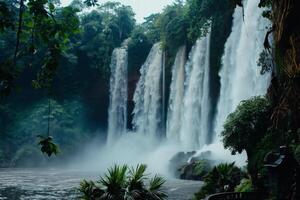 ein atemberaubend Wasserfall fließt durch ein beschwingt Grün Wald Landschaft foto