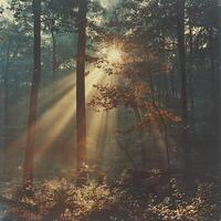 Sonnenlicht Filtern durch dicht Wald Bäume foto