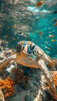 unter Wasser Aussicht von ein Schwimmen Schildkröte foto