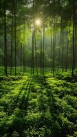 Sonnenlicht Gießen Schatten durch ein Bambus Wald foto