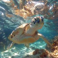 unter Wasser Aussicht von ein Schwimmen Schildkröte foto