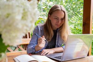 weiblich Schüler hat online Lektion Bildung draussen im Garten hölzern Alkoven. blond Frau Sitzung draußen Arbeit auf Laptop haben Forderung. Einheit mit Natur foto