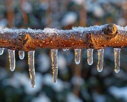 gefroren Eiszapfen hängend von ein Ast foto