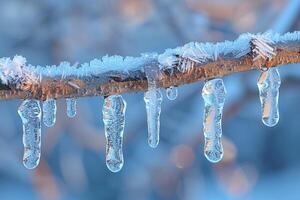 gefroren Eiszapfen hängend von ein Ast foto