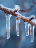 gefroren Eiszapfen hängend von ein Ast foto