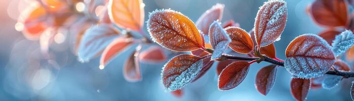 frostbedeckt Blätter auf ein lebhaft Winter Morgen foto