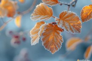 frostbedeckt Blätter auf ein lebhaft Winter Morgen foto