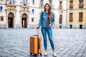 Frau Reise Welt glücklich Tasche foto