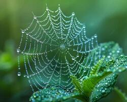 glitzernd Regentropfen auf ein Spinne Netz foto