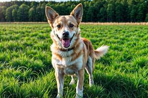 lächelnd Hund draussen Feld glücklich foto