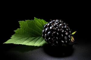 einer schwarz reif frisch Brombeere Makro mit Brombeere Blatt auf dunkel schwarz Hintergrund. organisch Bauernhof Essen, frisch Markt, Supermarkt, gesund Produkte. foto