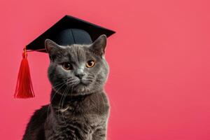 Porträt von britisch kurzes Haar grau Katze tragen schwarz Abschluss Deckel auf rot Hintergrund mit Kopieren Raum. Abschluss Zeremonie, Universität, Hochschule, Schule, Bildung. foto