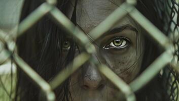 Nahansicht von ein Frauen Schwitzen Gesicht hinter ein Kette Verknüpfung Zaun foto