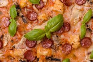 köstlich Pizza mit Wurst, Käse, Tomaten, Salz, Gewürze und Kräuter foto