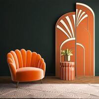 Kunst Deko Innere im klassisch Stil mit Orange Sessel.3d Wiedergabe. foto