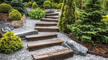 Garten Design mit Kies, hölzern Schritte und groß Felsen umgeben im es foto