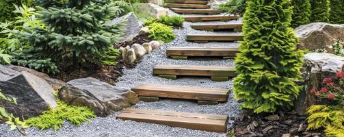 Garten Design mit Kies, hölzern Schritte und groß Felsen umgeben im es foto