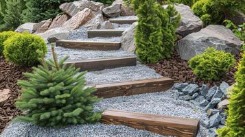 Garten Design mit Kies, hölzern Schritte und groß Felsen umgeben im es foto