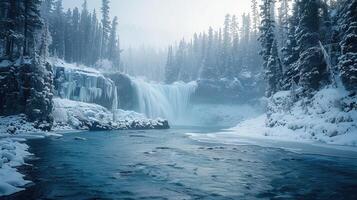 ein Wasserfall im das Winter mit Schnee auf das Boden foto