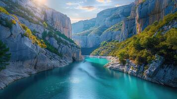 das Sonne scheint auf ein Fluss im ein Schlucht foto