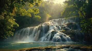 Wasserfall im das Urwald mit Sonnenlicht leuchtenden auf es foto