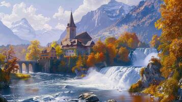 ein Gemälde von ein Schloss und Wasserfall im das Berge foto