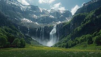 ein Wasserfall ist gesehen im das Mitte von ein Grün Feld foto