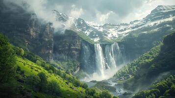 ein Wasserfall ist gesehen im das Berge mit Grün Gras foto