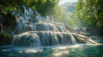 Wasserfall im das Urwald mit Sonnenlicht leuchtenden auf es foto