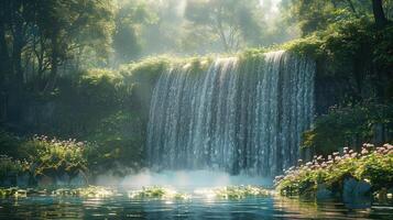 ein Wasserfall im das Wald mit Blumen und Bäume foto