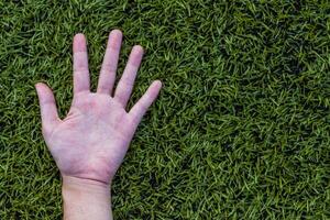 Mädchen Hand auf Fußball Feld Gras foto