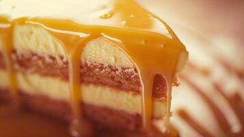 ein lecker Nahansicht Schuss von ein Scheibe von frisch gebacken Kuchen tropft mit dekadent Marmelade Ganache foto