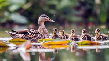 Familie von Enten Schwimmen im Teich, Entenküken folgenden eng hinter, charmant Szene von Tierwelt foto