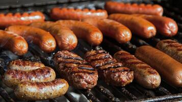 Grill Grill brutzelnd mit saftig Burger und Hotdogs, Klammer von Sommer- Versammlungen foto