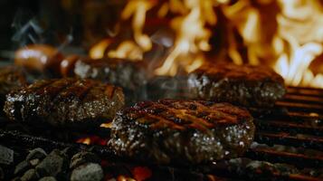 Grill Grill brutzelnd mit saftig Burger und Hotdogs, Klammer von Sommer- Versammlungen foto