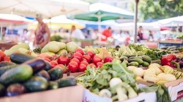 geschäftig draussen Markt gefüllt mit Anbieter Verkauf frisch Früchte, Gemüse, und Blumen foto