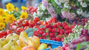 geschäftig draussen Markt gefüllt mit Anbieter Verkauf frisch Früchte, Gemüse, und Blumen foto