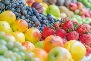 bunt Array von frisch Früchte beim Landwirte Markt, Sprengung mit Aromen von das Sommer- Ernte foto