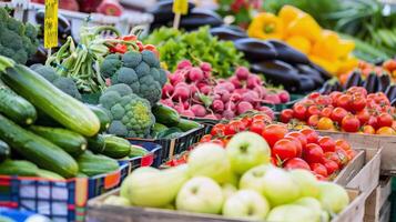 geschäftig draussen Markt gefüllt mit Anbieter Verkauf frisch Früchte, Gemüse, und Blumen foto