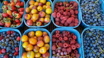 bunt Array von frisch Früchte beim Landwirte Markt, Sprengung mit Aromen von das Sommer- Ernte foto