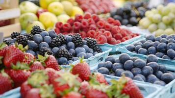 bunt Array von frisch Früchte beim Landwirte Markt, Sprengung mit Aromen von das Sommer- Ernte foto