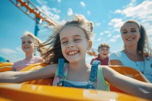 Familie von vier genießen Tag von Spaß und Lachen beim Amüsement Park, Reiten Walze Untersetzer foto