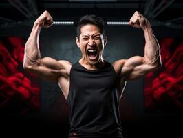 asiatisch Mann gekleidet im Sportbekleidung deutlich aktiv und voll von Energie foto